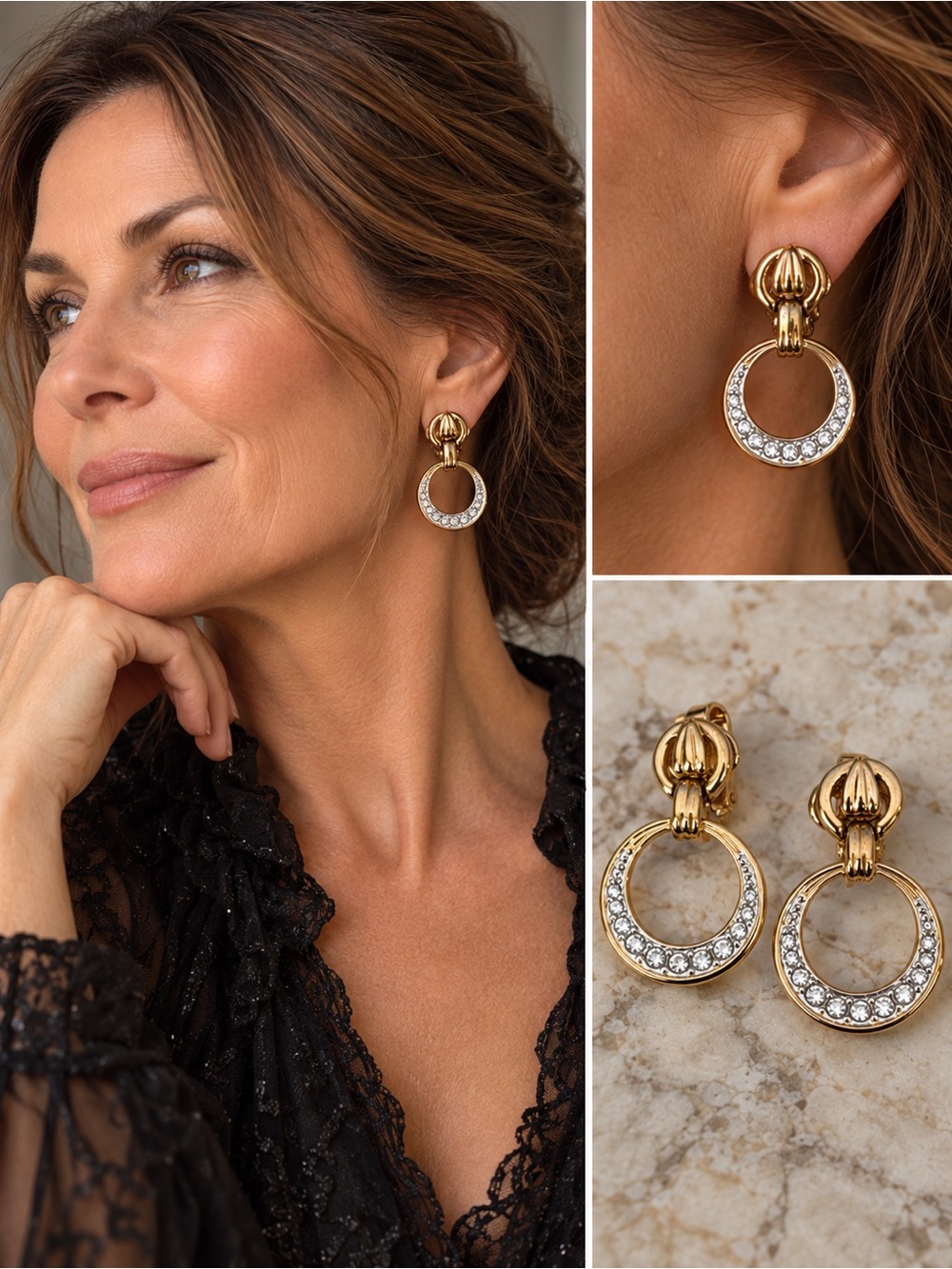 Vintage Nina Ricci Gold Tone Crystal Hoop Drop Clip-On Earrings